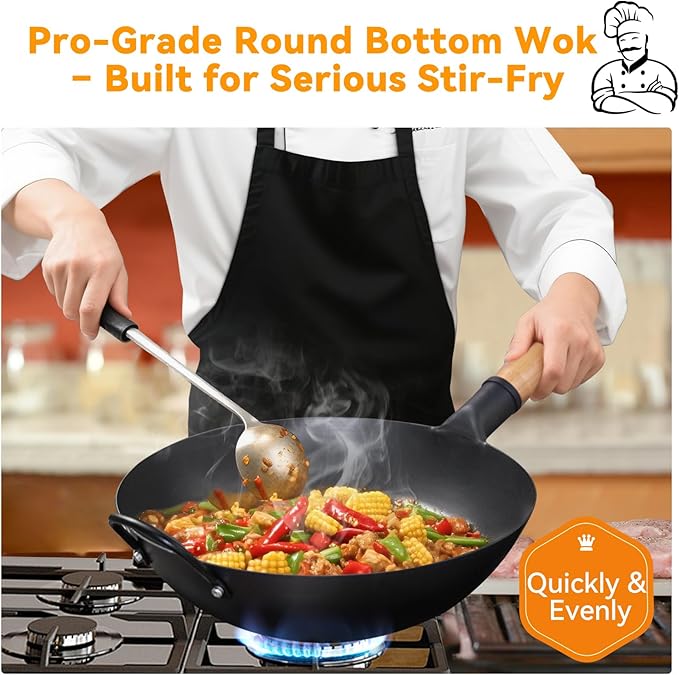 WANGYUANJI 13.4" Round-Bottom Iron Wok, Deep Chinese Stir-Fry Pan (Seasoning Required), Wok Ring Required, Not Flat-Top/Induction — No Lid, No Ring,Wooden Handle, Coating-Free