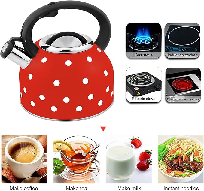 Red and White Polka Dot Tea Kettle, Cute Whistling 2.6 Quarts Tea Pot for Stove Top, Stainless Steel Teapot Stovetop with Cool Grip Ergonomic Handle Gas & Electric Stove Safe(2.5L)