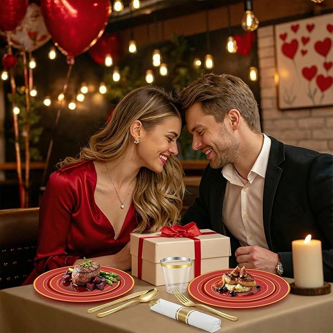 350Pieces Red Plastic Plates with Gold Rim Include 50Dinner Plate 10”, 50Dessert Plate 7”, 50 gold Cups 9 OZ, 50 Pre Rolled Napkins for Party Valentine's Day