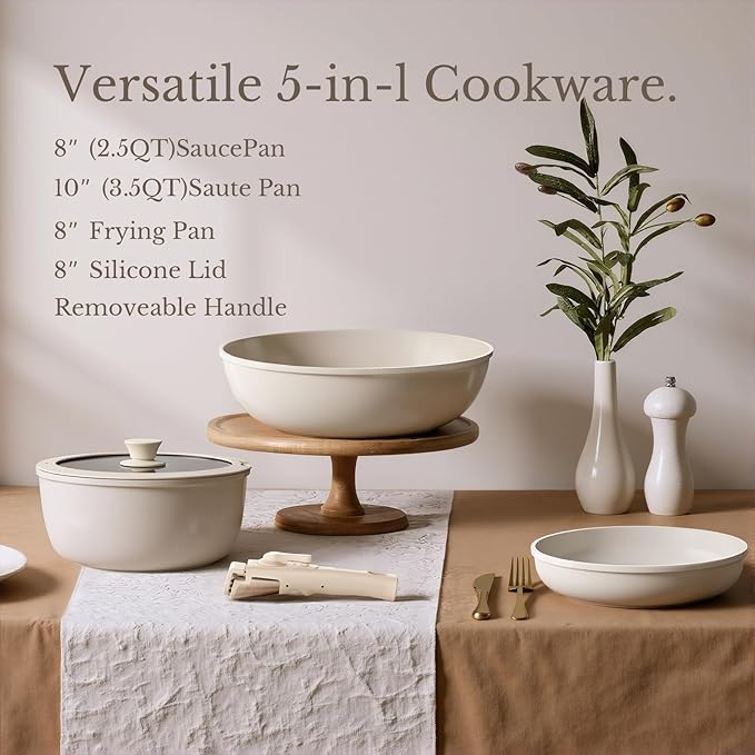Pots and Pans Set Non Stick, Ceramic Cookware Set Detachable Handle, RV Camping Kitchen Cooking Set Removable Handles, Dishwasher/Oven/Fridge Safe, Induction, Space Saving，Cream White