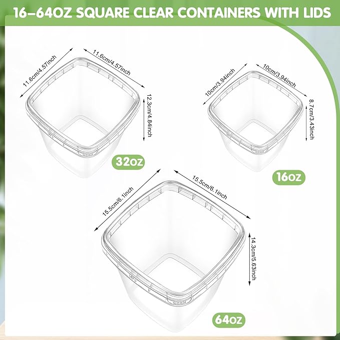Sliner 60 Sets Square Deli Containers with Lids Clear Food Storage Containers Plastic Freezer Microwaveable Safe Deli Cups Leak Proof Airtight Meat for Restaurant(64oz, 32oz, 16oz)