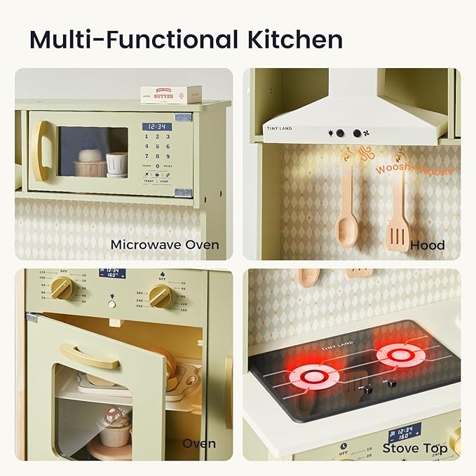 Tiny Land Play Kitchen for Kids, Wooden Farmhouse Kitchen Playset Chef Pretend Play Set for Toddlers w/Real Lights & Sounds, Toys Kitchen with 18 Pcs Toy Food & Cookware Accessories, Sage Green