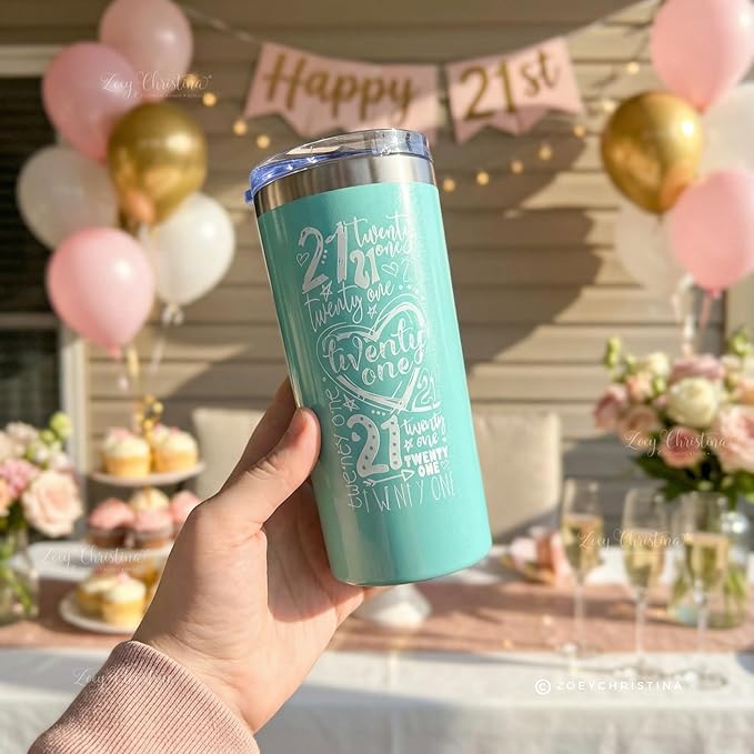 Zoey Christina 21st Birthday Coffee Tumbler for Her 16oz Stainless Steel Insulated Travel Cup with Straw Cute Twenty One Gift for Women, Girls, Daughter, Best Friend (Mint)