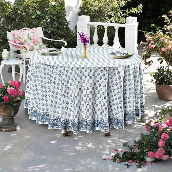 Ridhi Block Print Round Sky Beau Blue Reusable Tablecloth 100% Cotton 120" Inch Decorative Table Cover eveyday Dining, Home, Party, Wedding, Farmhouse Gift for Spring, Easter, Valentine