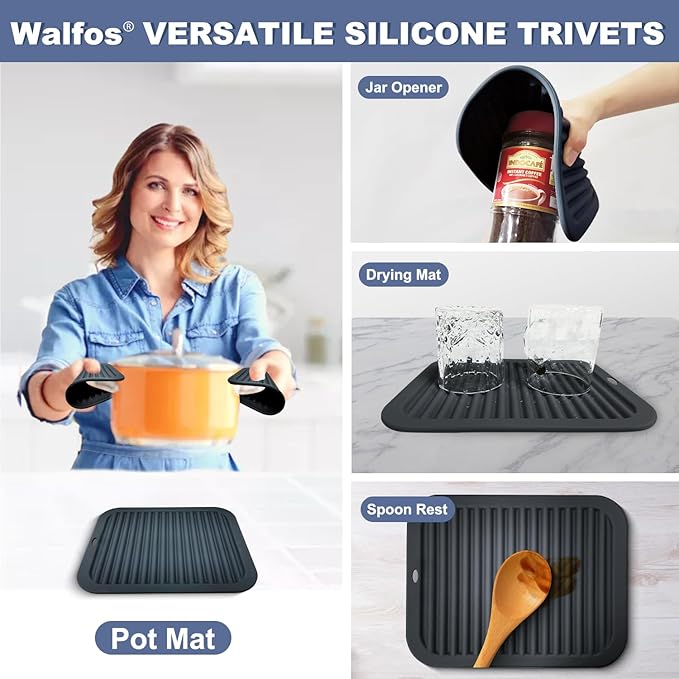 Walfos Silicone Trivets for Hot Pots and Pans - Heat Resistant Hot Pads for Kitchen Counter- Multi-Purpose & Versatile Trivet Mat - Long-Lasting & Flexible Silicone Hot Pad