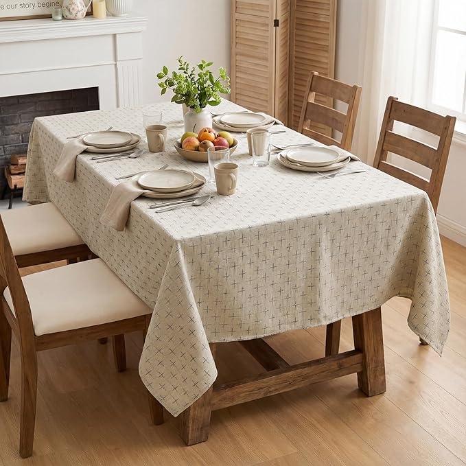 Horaldaily Beige Square Table Cloth, Cross-Star Solid Textured Embroidery Tablecloth, Wrinkle Free Washable 60×60 Inch Table Cover for Kitchen, Party, Wedding, Picnic, Outdoor