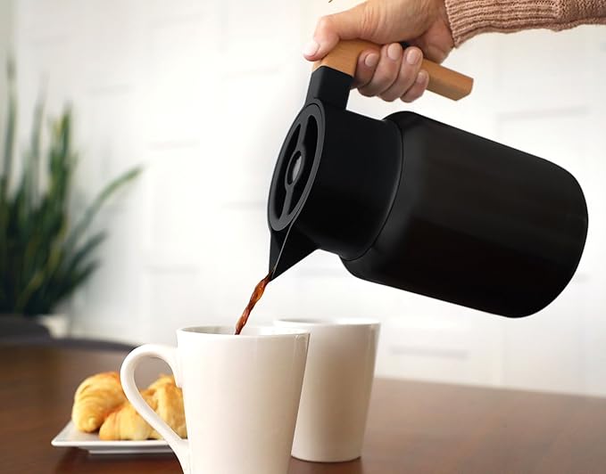 Hastings Collective Thermal Coffee Carafe 50 Oz - Large Stainless Steel Insulated Carafe - 1.5 Liter Double Walled Vacuum Thermos Coffee and Beverage Dispenser with Tea Infuser and Strainer (Black)