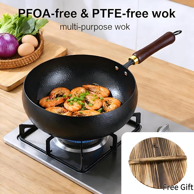 Pre-Seasoned Uncoated Carbon Steel Wok - 10.2 Inch Deep Hammered Hand-Forged Stir Fry Pan, Ready-to-Use Non-Stick Wok with Wooden Handle, Induction & Stovetop Compatible