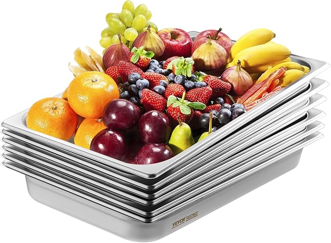 VEVOR 6 Pack Stainless Steel Hotel Pans,2.5-Inch Deep 0.8mm Thick Commercial Food Pans, Anti-Jam Catering Trays for Steam Tables, for Home, Party, Restaurant, Hotel, Buffet