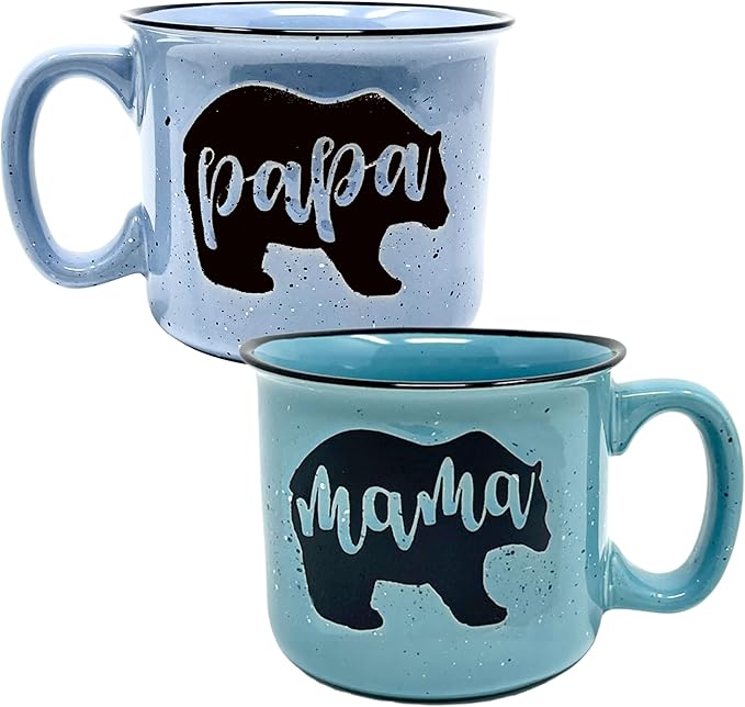 Mama and Papa Bear 15 oz Coffee Mug for Mom, Mother, Wife and Dad - Cute Coffee Cups for Women - Unique Fun Gifts for Her, Mother's Day, Christmas (Mama Bear Teal and Papa Bear Light Blue Gift Set)