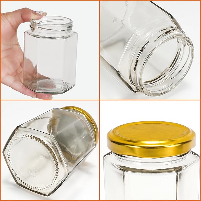 BIGIVACA 9 oz Hexagon Glass Honey Jars with Wood Dippers,6 Pack Honey Jars with Gold Lids,Bee Pendants,Jutes,35 Bee Stickers,Perfect for Baby Shower,Wedding Favors,Party Favors
