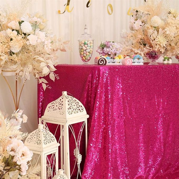 Eternal Beauty Hot Pink Tablecloth, 50x80 Inch Sequin Rectangle Table Cover for Valentines Cake Dessert Exhibition Party Birthday Events