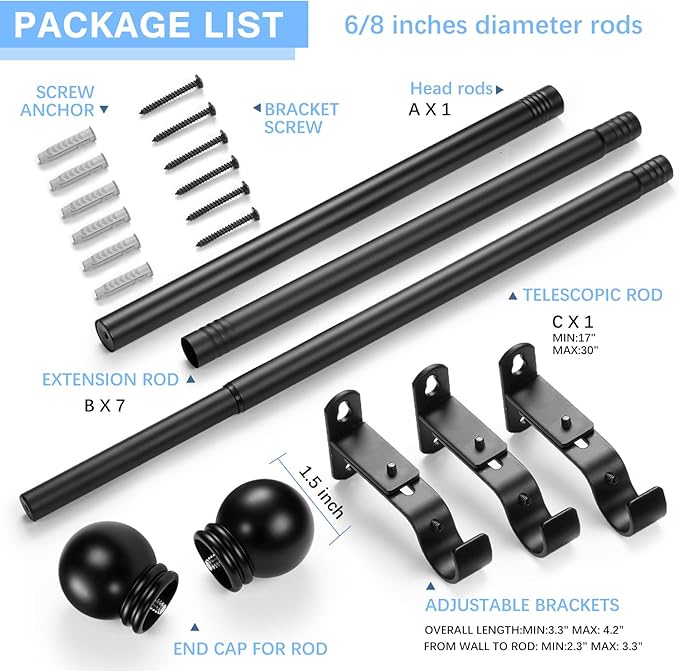 Curtain Rods for Windows 16 to 136 Inches, Curtain Rod Max Adjustable Length of 144 IN, 6/8" Diameter Drapery Rods Round Finials, Black, Pack of 1