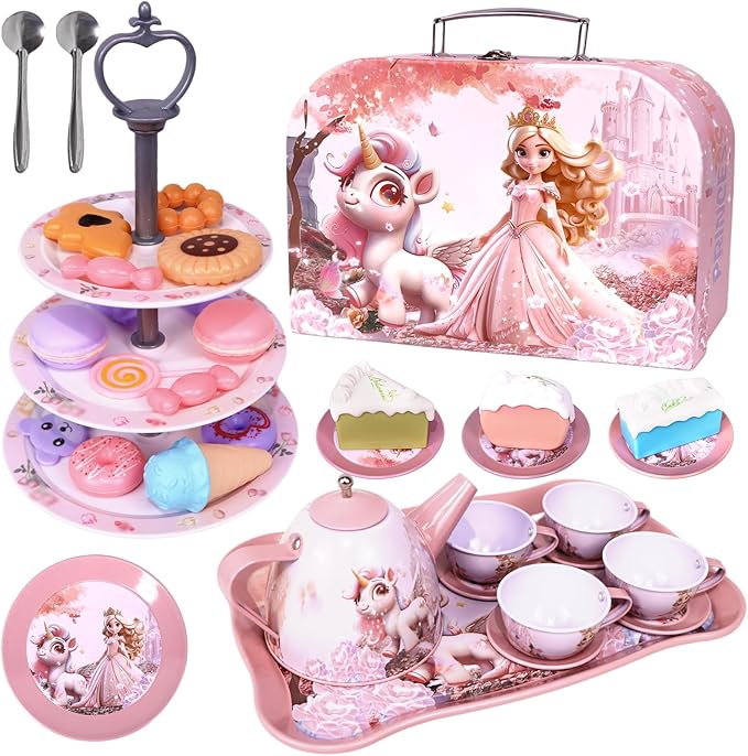 Unicorn Tea Party Set for Girls, Pretend Play Toy with Pink Tin Teapot, 4 Cups & Plates, Portable Carrying Case, Educational Gift for Toddlers Ages 3 4 5 6 7 (Swn)