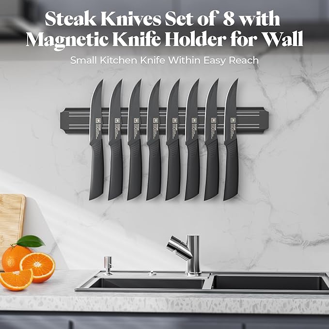 Steak Knives Set of 8 with Magnetic Knife Strip, 4.7 Inch Dishwasher Safe Non Serrated Dinner Knives, Razor Sharp for Precise Cutting, Non-Stick Blade & Non Rust, Housewarming Gifts New Home