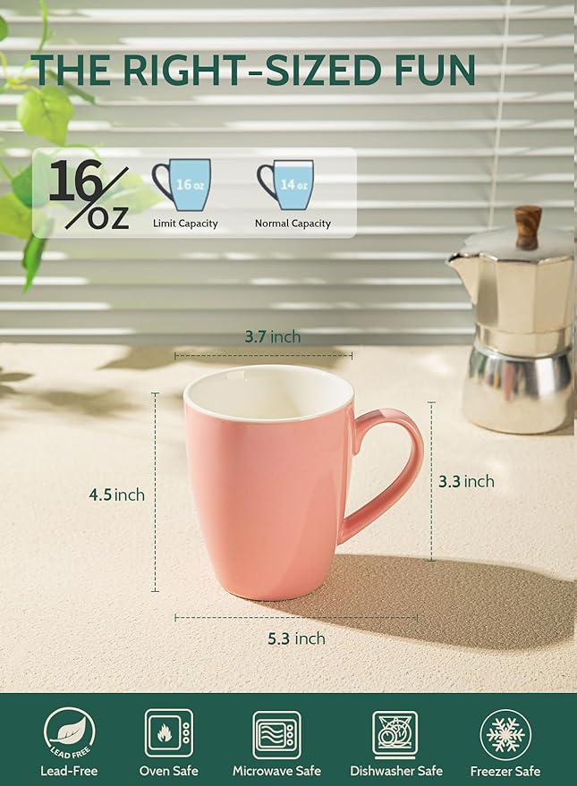 Sweese Porcelain Coffee Mugs - 16 Ounce (Top to the Rim) for Coffee, Latte, Tea, Cocoa, Set of 4, Pink