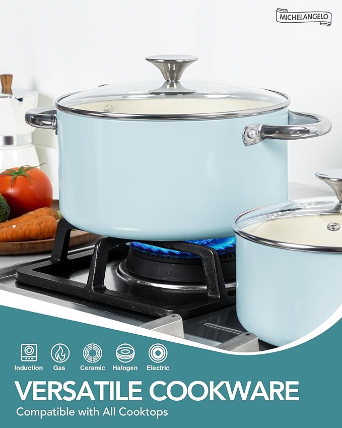 MICHELANGELO Pots and Pans Set Non Stick - Titanium Cookware Set Non Toxic Ceramic Coating, 8-Pcs Nonstick Pots and Pans with Ergonomic Handle, Dishwasher Safe & Induction Compatible, Blue