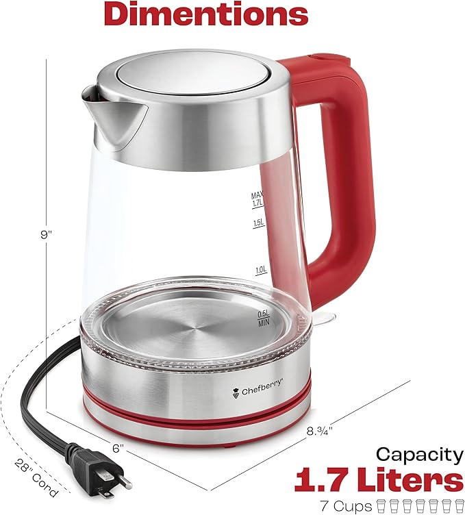 Electric Kettle for Boiling Hot Tea & Water | 1.7L Stainless Steel Borosilicate Glass Boiler With No Plastic, Automatic Shutoff, BPA Free, Fast Heating Technology (Red)