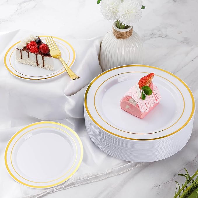 Goodluck 600 Pieces Gold Disposable Plates for 100 Guests, Plastic Plates for Party, Dinnerware Set of 100 Dinner and 100 Dessert Plates, 100 Spoons, 100 Forks, 100 Knives, 100 Cups