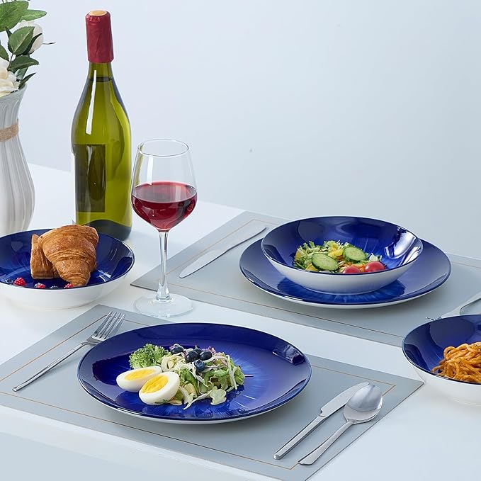 Bestone 12-Piece Round Porcelain Dinnerware Set, Service for 4, Chip Resistant Plates and Bowls, Starburst Turquoise Dark Blue, Dishwasher & Microwave Safe for Home Daily Use