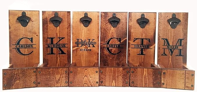 Bottle Opener with Dropbox Cap Catcher - Wall Mount or Freestanding - Laser Engraved - Personalized Christmas Gift idea for men Rustic Wood Groomsmen Gift Sets, Wedding and Anniversary Presents