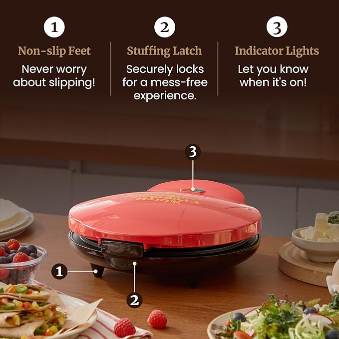 Elite Gourmet 11" Cheesy Quesadilla Maker, 2-Position Locking Latch For Extra Stuffing, Easy-Slice 6-Wedge, Red