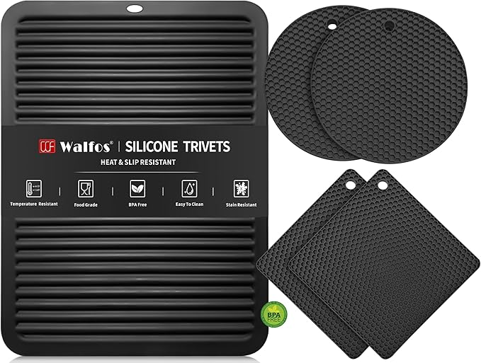 Walfos XXL Silicone Trivet 16 Inch and Round & Square Trivets 7 Inch, Trivets for Hot Pots and Pans, Heat Resistant Pot Holders Hot Pads for Kitchen Quartz Countertops, Hot Dishes, 5 Pack