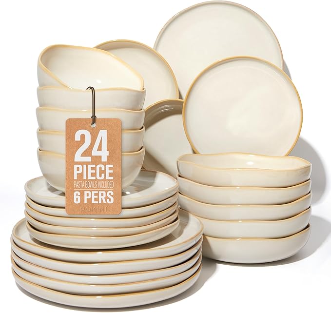 24 Pieces Dinnerware Set for 6 with Pasta Bowls, Complete Ceramic Dish Set, Stackable & Glossy Stoneware Plate and Bowl Set for Effortless Everyday Hosting, Yellow White