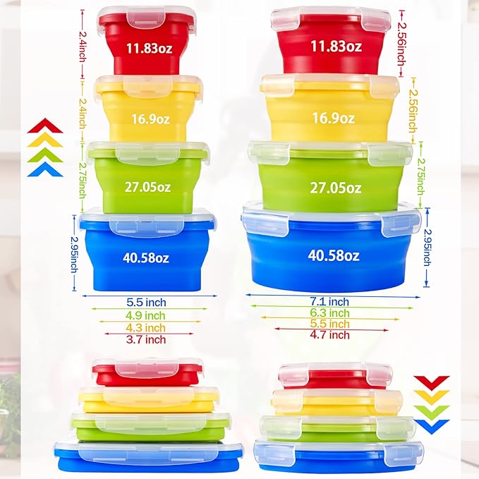Zopeal 8 Pcs Collapsible Food Storage Containers Foldable Silicone Lunch Containers with Lids 4 Silicone Rectangle Collapsible Bowls and 4 Round Food Bowls Microwave Freezer Dishwasher Safe (Colorful)