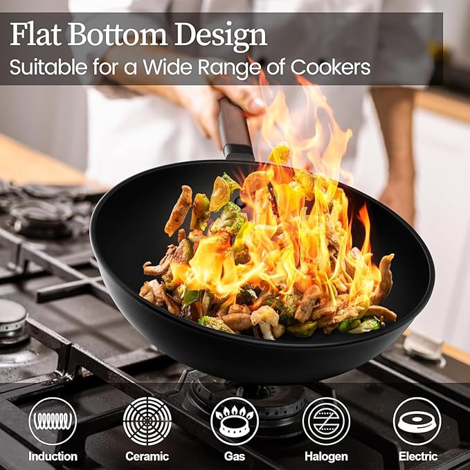 Carbon Steel Wok, 13-Inch, Pre-Seasoned, Non-Stick, with Lid and Spatula, Flat Bottom, Ideal for Stovetop Cooking