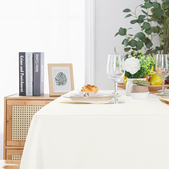 Hiasan 60 X 84 Inch Rectangle Textured Tablecloth - Waterproof Spillproof Antiwrinkle Jacquard Table Cloth for Kitchen and Dining Dinner, Outdoor Picnic, Holiday and Parties, Ivory