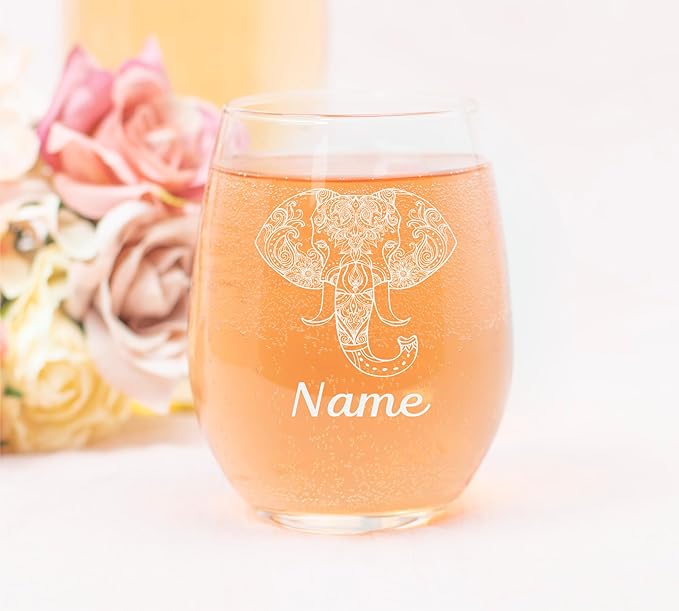 C M Elephant with Name Personalized Stemless Wine Glass - Custom Elephant Themed Gift for Women and Men - 17 oz.