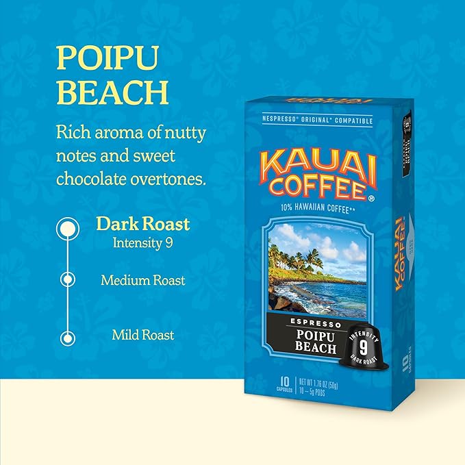 Kauai Coffee Espresso Pods Compatible with Nespresso Original Coffee Makers – Arabica Coffee, 10% Hawaiian – Dark Roast, Rich Cocoa & Smoky Finish – Poipu Beach, 4 Packs of 10 Espresso Pods