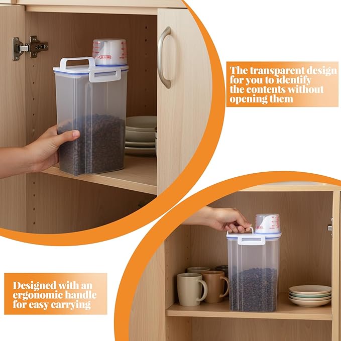 SHENLIU 4 Pcs 5.5 Lbs Rice Container Cereal Storage Container, Kitchen Pantry Dry Food Storage Holder Rice Dispenser with Easy-Pouring Spout & Handy Cup, Pet Dog Cat Food Dispenser for Daily Feeding
