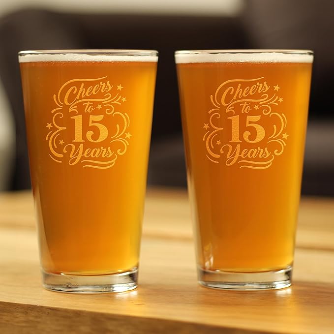 Bevvee Cheers to 15 Years - Pint Glass for Beer - Gifts for Women & Men - 15th Anniversary Party Decor - Set of 2-16 Oz Glasses