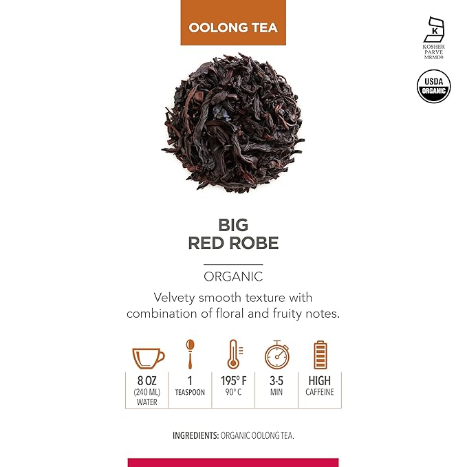 Teabloom USDA Organic Big Red Robe Oolong Loose Leaf Tea, Full-bodied Velvety Smooth Texture with Floral and Fruity Notes, 1.76 oz/50 g Canister Makes 35-50 Cups