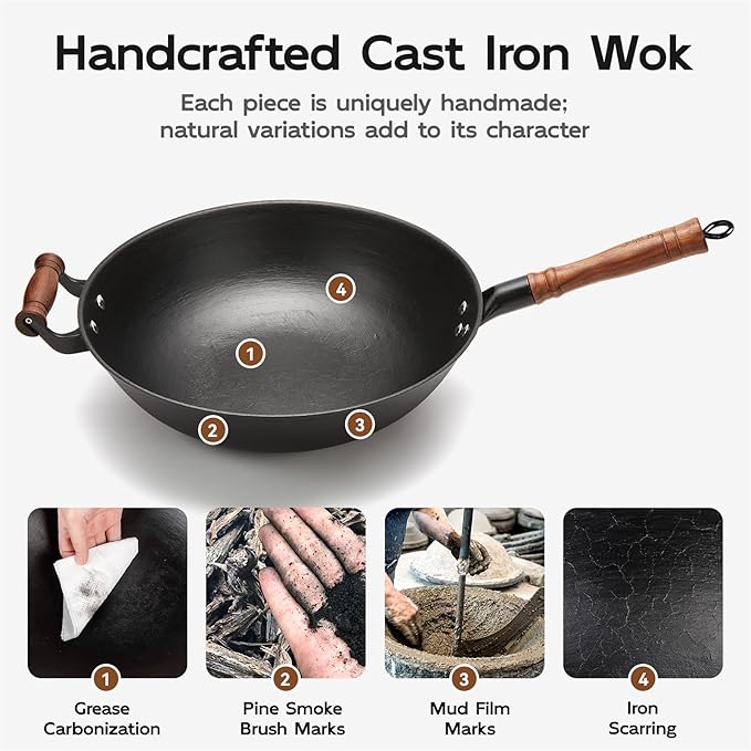 WANGYUANJI 12.6 Inch Iron Wok with Wooden Lid and Spatula, Flat Bottom Chemical-Free Uncoated Stir Fry Pan for Induction, Gas and Electric Stoves