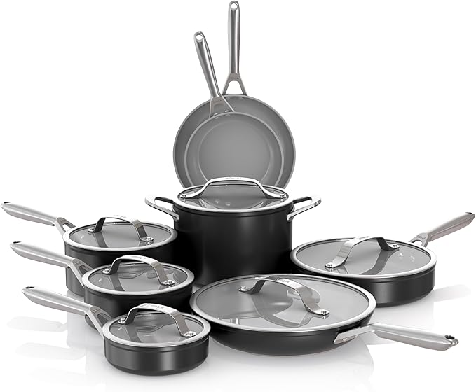 Ninja Ceramic Pro 14-Piece Cookware Set, Non-Stick Pots & Pans Set with Glass Lids, Nontoxic, PTFE Free, Ceramic Coated, Oven Safe, All Stovetops & Induction Compatible, Black, CW39014BK