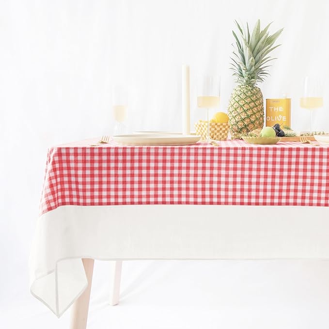 MONDAY MOOSE Gingham Checkered Farmhouse Rustic Picnic Style Decoration Rectangle Natural Stonewashed Cotton Tablecloth for Kitchen, Dining Room, Restaurant (60x120 inch, Red/White)