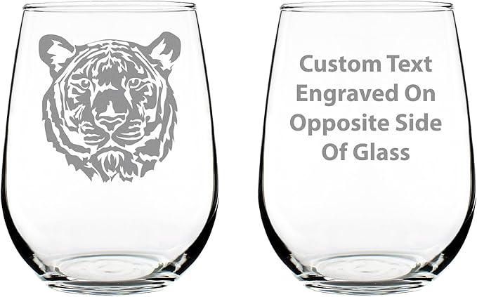Custom Tiger Face Personalized Stemless Wine Glass - Tiger Themed Decor and Gifts for Animal Lovers - Large 17 Oz Glasses - Customized Wine Glass Gift