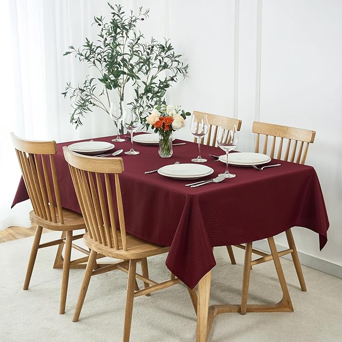 maxmill Square Tablecloth Weaved Texture Stain Resistant Waterproof Wrinkle Free Washable Soft Table Cloth, Decorative Fabric Table Cover for Dining Room Dinner and Parties, 52 x 52 Inch, Burgundy