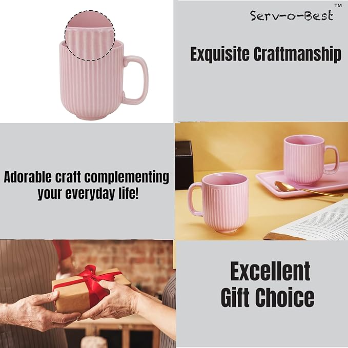 Ceramic Coffee Mugs with Handle Set – 2-Piece 11 Oz Ceramic Coffee Cups & 9" Tray, Handmade Pastel Pink Color, Microwave Safe Gift Set for Tea Lovers, Home Kitchen Décor