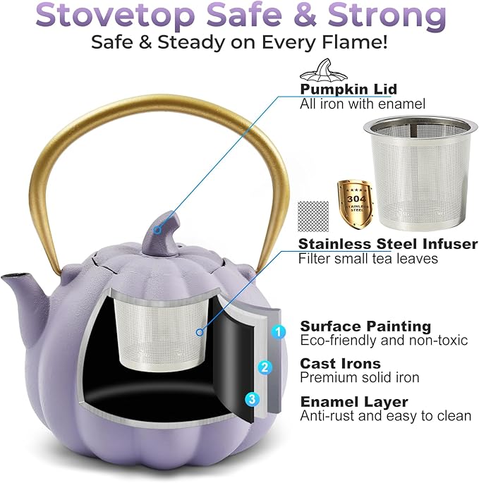 Pumpkin Cast Iron Teapot with Infuser - 40oz Japanese Iron Tea Kettle with Enamel Interior, Cute Halloween Teapot for Loose Tea & Coffee, Stainless Steel Filter, Stove Safe (Purple)