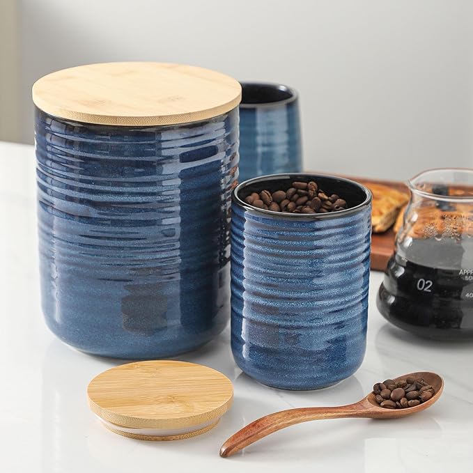HASENSE Ceramic Food Storage Jars with Bamboo Lids – 80oz + 24oz Kitchen Canister Set – 7.5" & 5.9" Airtight Containers for Coffee, Tea, Sugar, Flour – Pantry Organization Jar Set of 2（Blue）