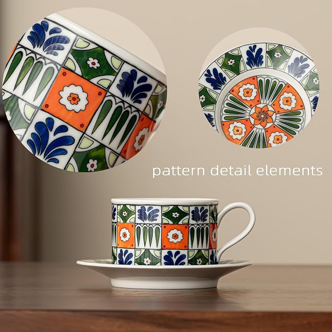 Ceramic Coffee Mug with Saucer 10 OZ Turkish Iznik Green Red Blue Flower Porcelain Coffee Cup Set for Home Office Women Men Gifts CM06