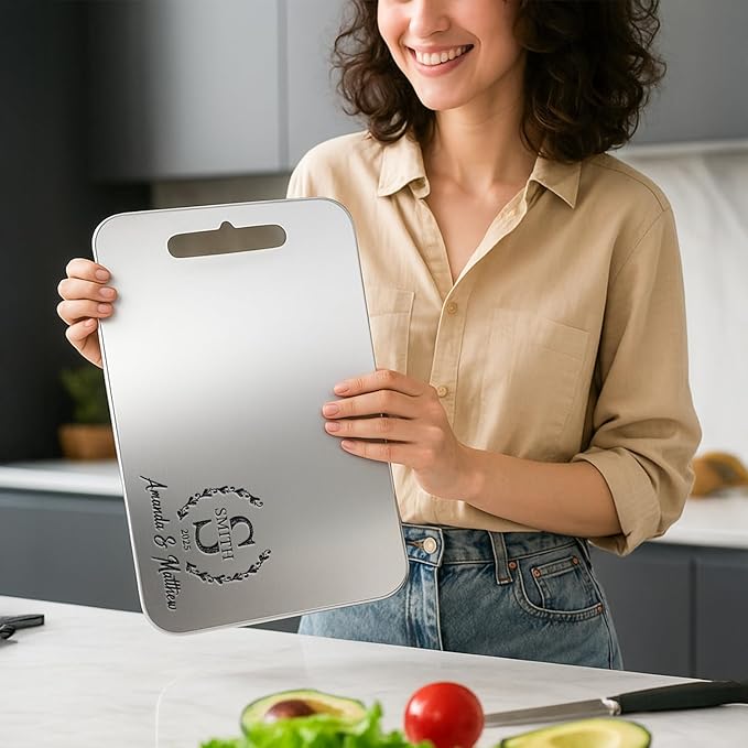 Personalized Titanium Cutting Board for Kitchen, 100% Pure Titanium and Stainless Steel, Double-Sided Cutting Boards, Custom Engraved Gift for Valentine's Day, Housewarming, Wedding, Anniversary