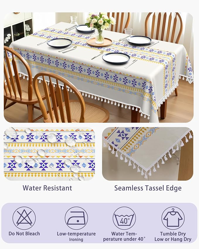 Bohemian Linen Rectangle Tablecloth 60''x 102'', Boho Tassels Table Cloth, Farmhouse Dining Table Cover Waterproof & Wrinkle Free for Kitchen, Holiday, Party, Picnic
