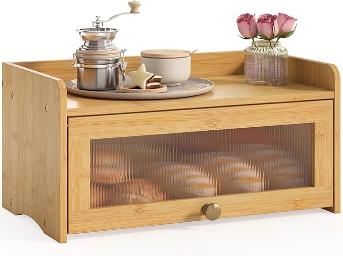 Bread Box for Kitchen Countertop, Large Bread Container Storage, Wooden Farmhouse Bread Box with Window Bread Holder (Vintage Bamboo)