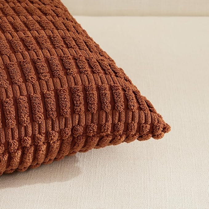 Fancy Homi 4 Packs Rust Small Decorative Throw Pillow Covers 14x14 Inch for Living Room Couch Bed Sofa, Rustic Farmhouse Boho Home Decor, Soft Plush Striped Corduroy Terracotta Cushion Case 35x35 cm