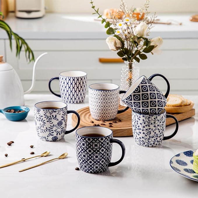 Ceramic Coffee Mugs Set - 10 OZ Large Porcelain Tea Cups with Handle for Cappuccino Latte Cocoa Milk Tea - Christmas Housewarming Gift - Microwave Dishwasher Safe - Set of 6 - Vintage Blue
